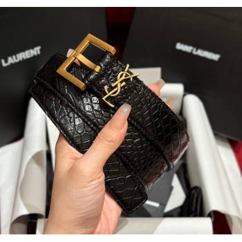 Saint Laurent Crocodile Embossed Leather Belt 3cm with Pink Buckle Black 2025 YSL011001 (99-240110026)