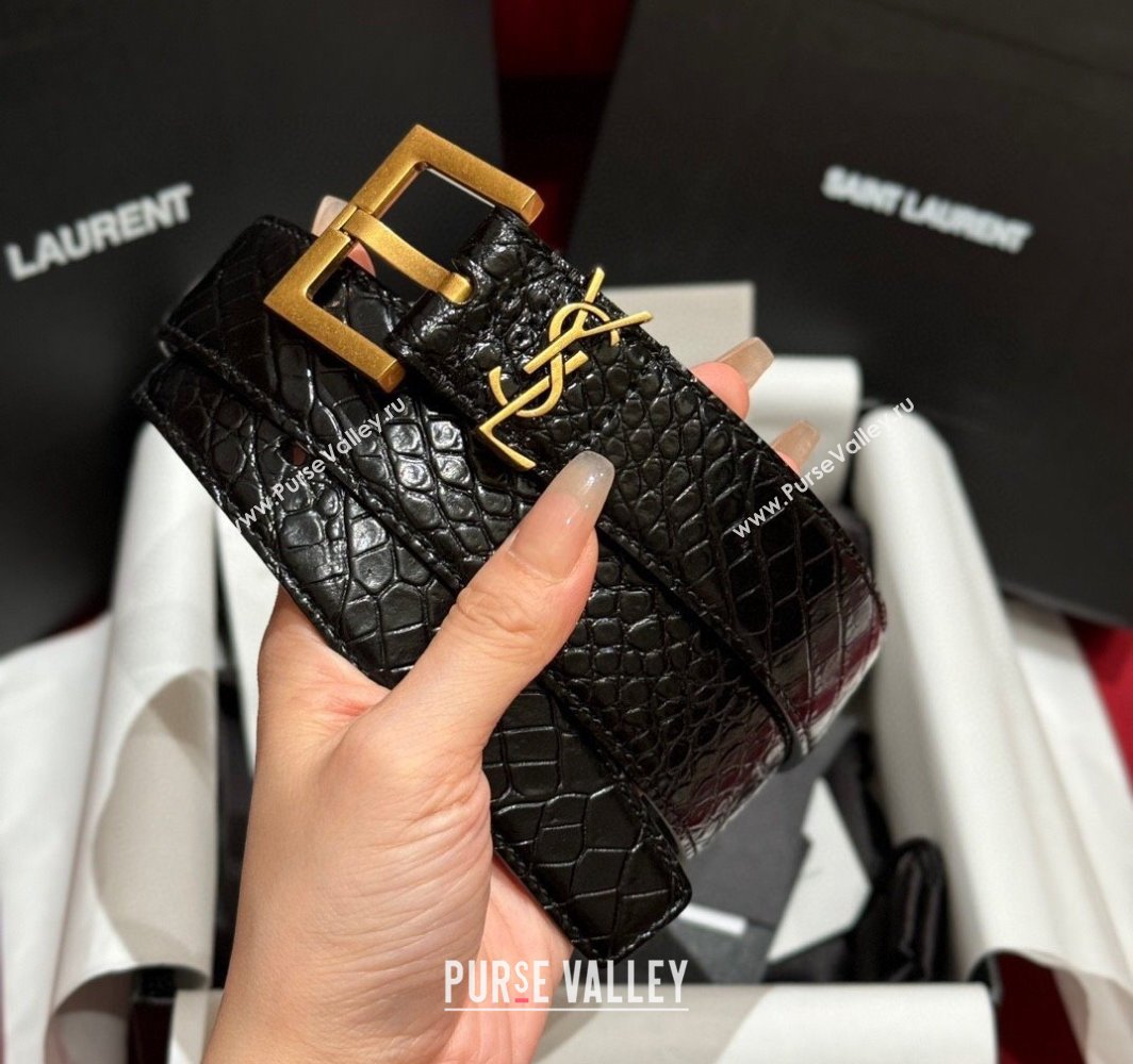 Saint Laurent Crocodile Embossed Leather Belt 3cm with Pink Buckle Black 2025 YSL011001 (99-240110026)