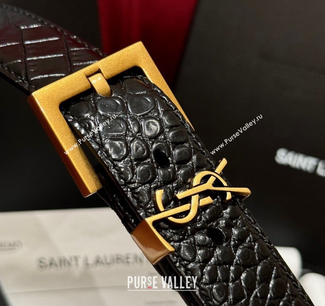 Saint Laurent Crocodile Embossed Leather Belt 3cm with Pink Buckle Black 2025 YSL011001 (99-240110026)