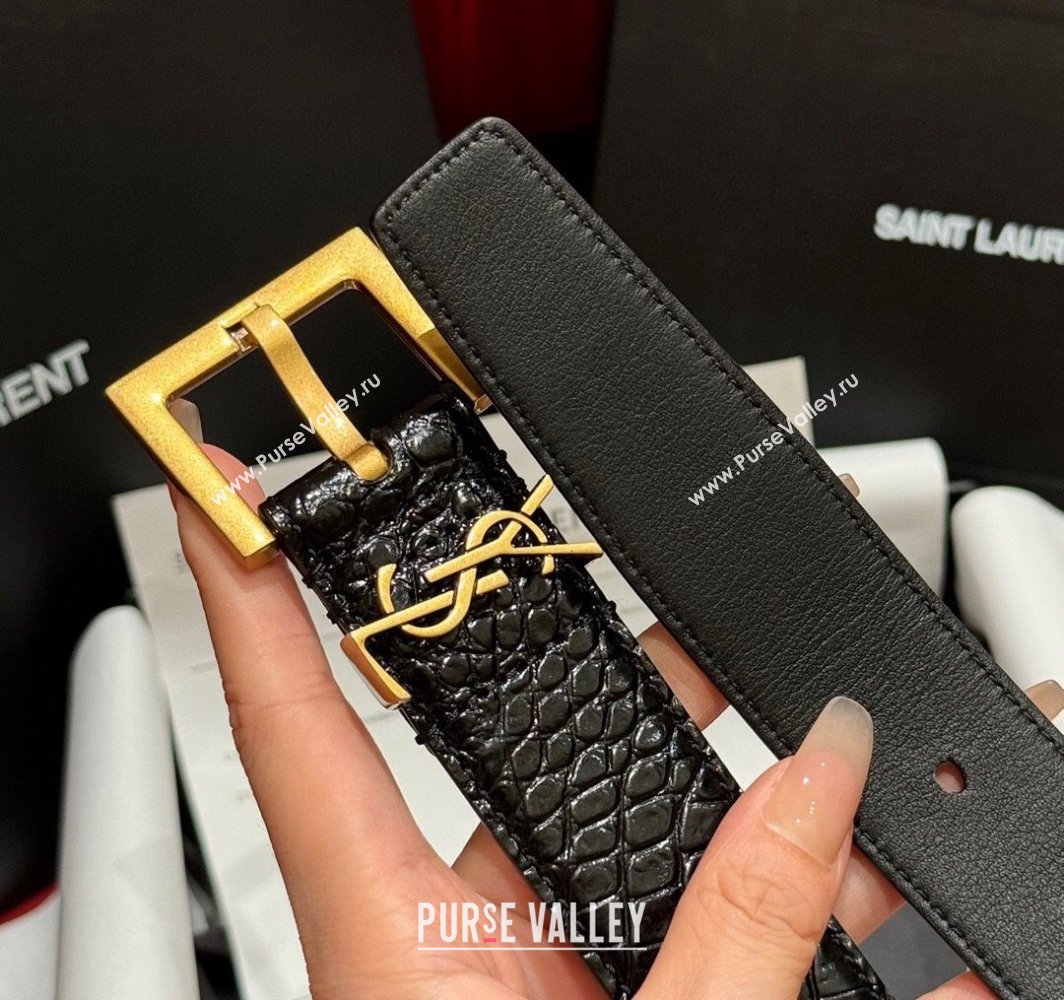 Saint Laurent Crocodile Embossed Leather Belt 3cm with Pink Buckle Black 2025 YSL011001 (99-240110026)