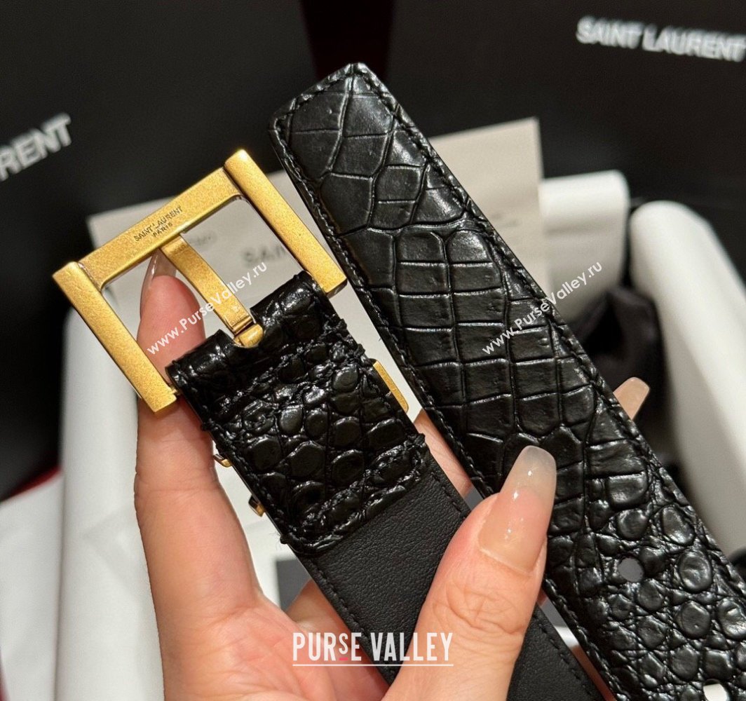 Saint Laurent Crocodile Embossed Leather Belt 3cm with Pink Buckle Black 2025 YSL011001 (99-240110026)