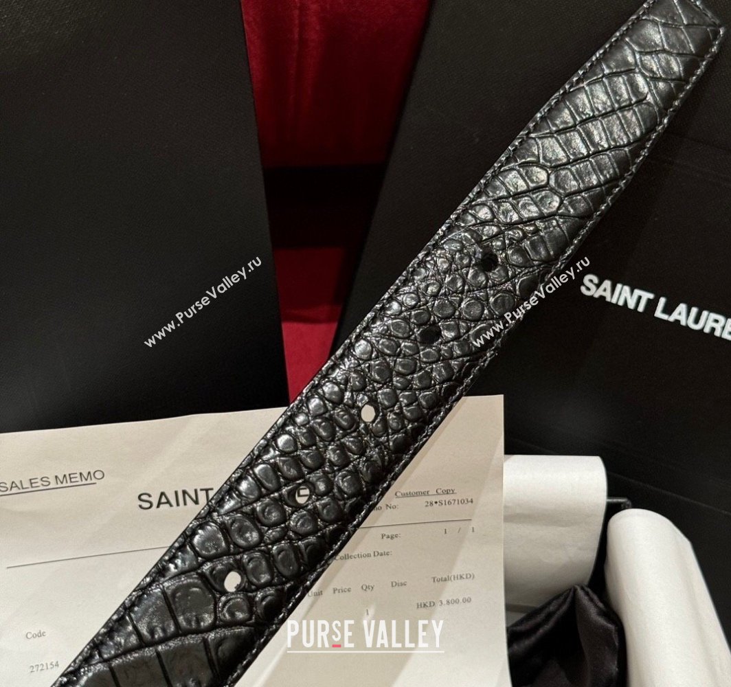 Saint Laurent Crocodile Embossed Leather Belt 3cm with Pink Buckle Black 2025 YSL011001 (99-240110026)