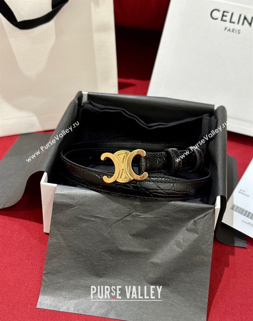 Celine Crocodile Embossed Leather Belt 1.8cm with Triomphe Logo Buckle Black 2025 CE011001 (99-240110027)