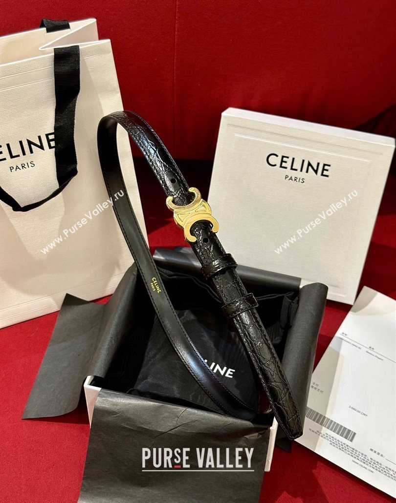 Celine Crocodile Embossed Leather Belt 1.8cm with Triomphe Logo Buckle Black 2025 CE011001 (99-240110027)