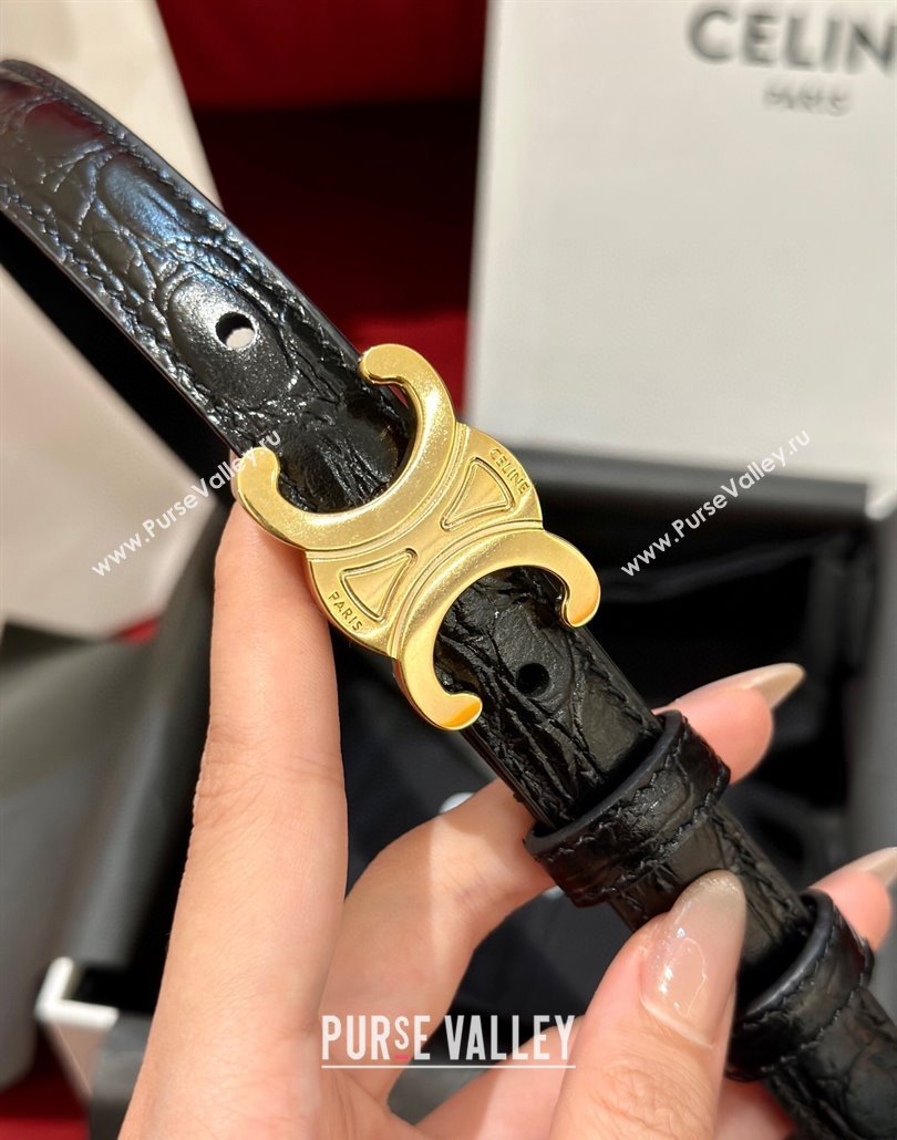 Celine Crocodile Embossed Leather Belt 1.8cm with Triomphe Logo Buckle Black 2025 CE011001 (99-240110027)