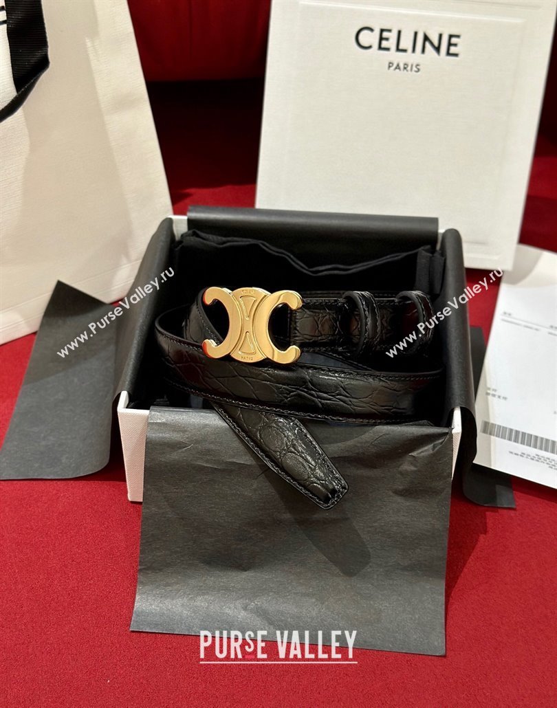 Celine Crocodile Embossed Leather Belt 2.5cm with Triomphe Logo Buckle Black 2025 CE011001 (99-240110028)