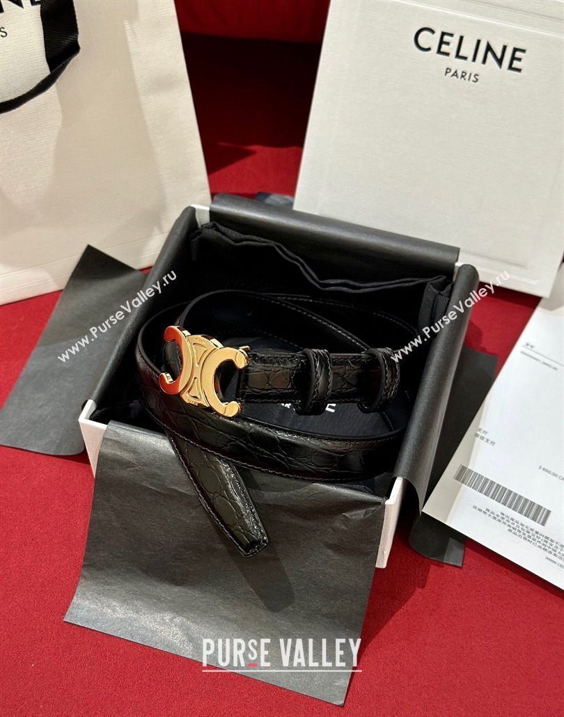 Celine Crocodile Embossed Leather Belt 2.5cm with Triomphe Logo Buckle Black 2025 CE011001 (99-240110028)