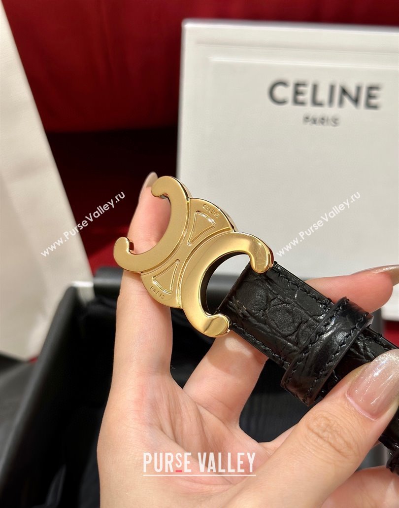 Celine Crocodile Embossed Leather Belt 2.5cm with Triomphe Logo Buckle Black 2025 CE011001 (99-240110028)