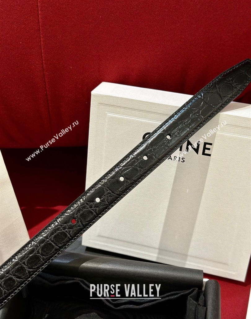 Celine Crocodile Embossed Leather Belt 2.5cm with Triomphe Logo Buckle Black 2025 CE011001 (99-240110028)