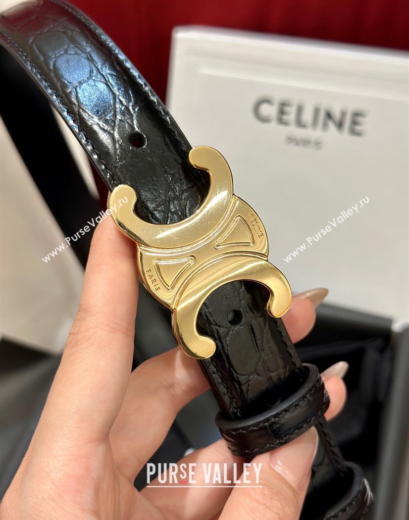 Celine Crocodile Embossed Leather Belt 2.5cm with Triomphe Logo Buckle Black 2025 CE011001 (99-240110028)