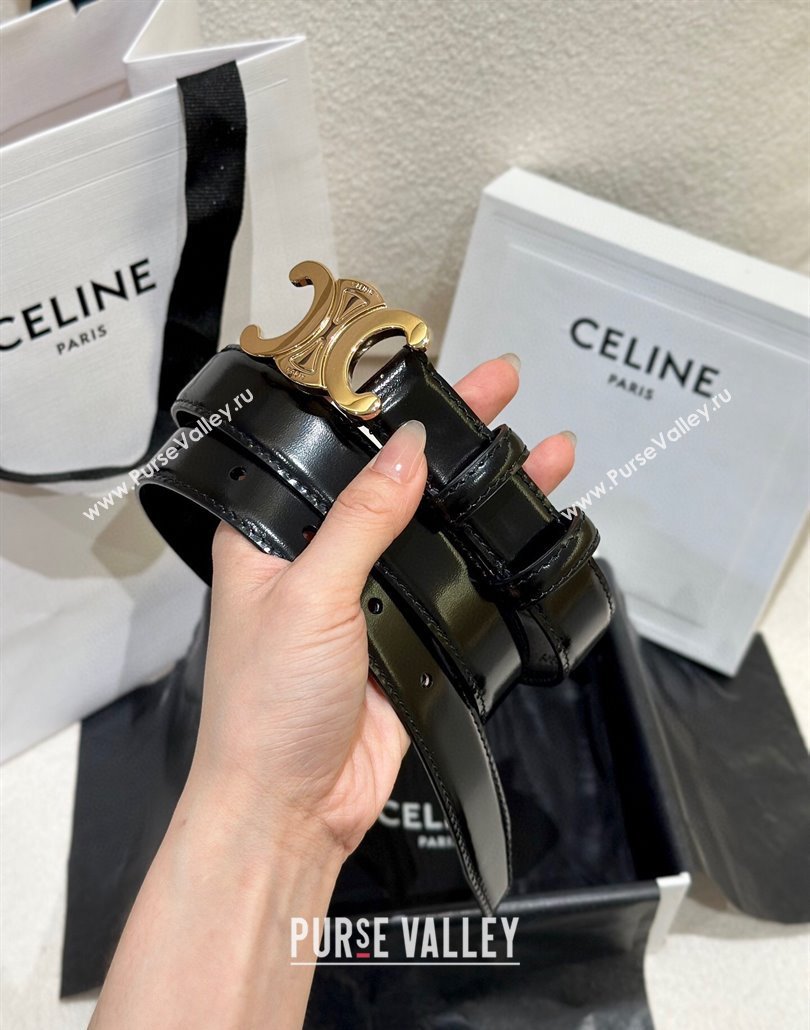 Celine Calfskin Leather Belt 2.5cm with Gold Triomphe Logo Buckle Black 2025 CE011001 (99-240110029)