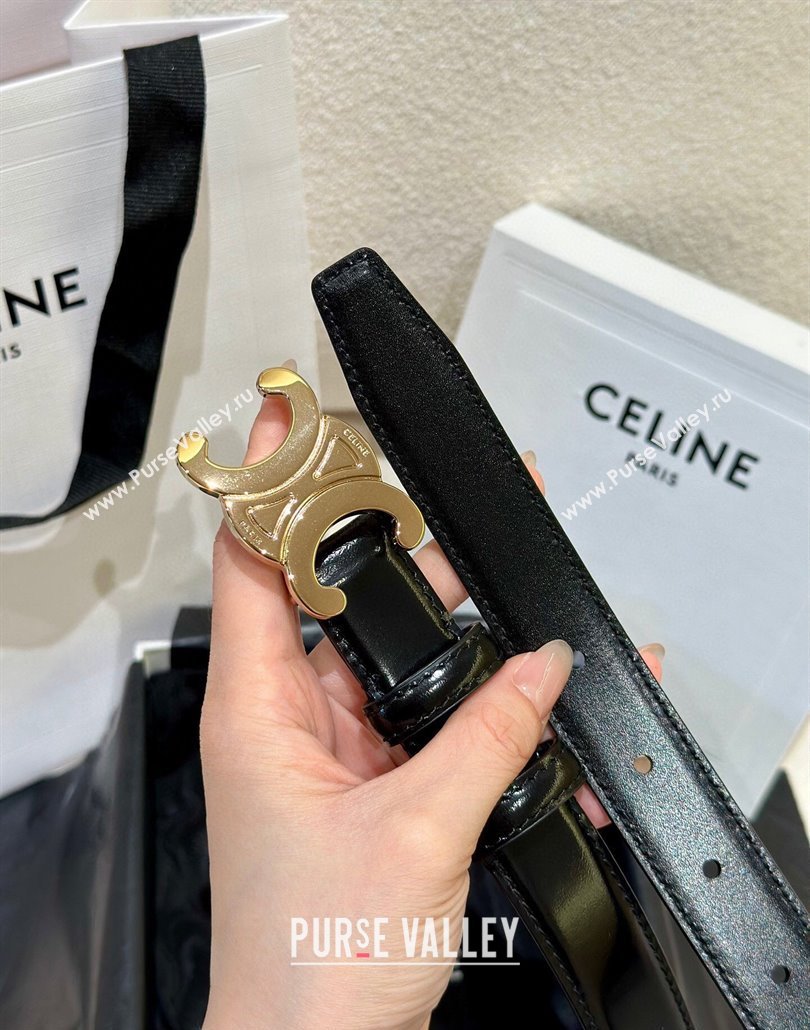 Celine Calfskin Leather Belt 2.5cm with Gold Triomphe Logo Buckle Black 2025 CE011001 (99-240110029)