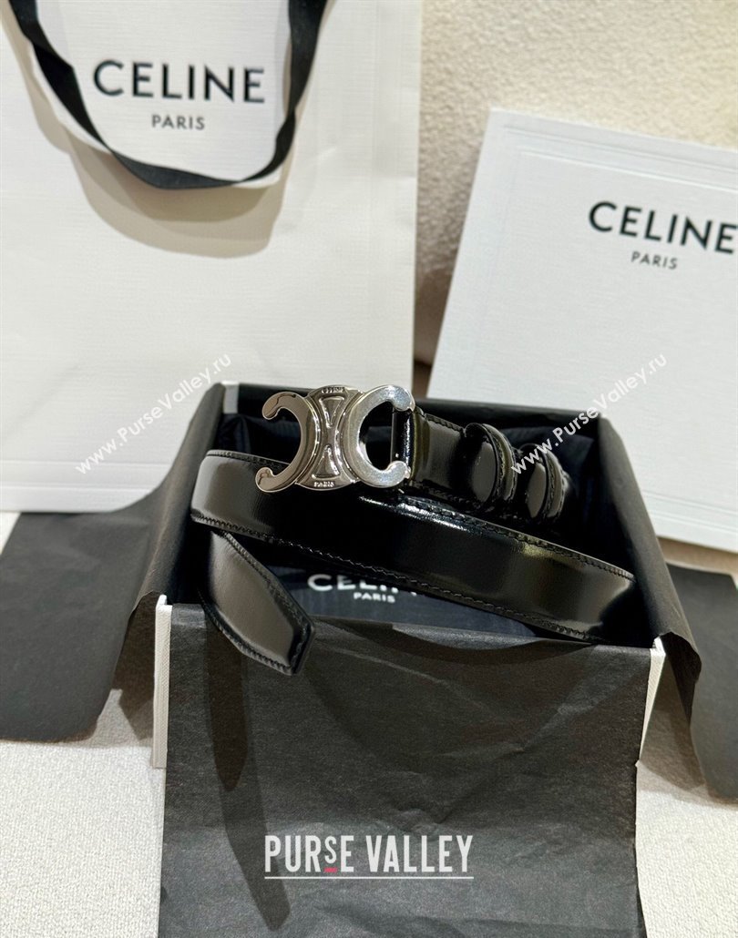 Celine Calfskin Leather Belt 2.5cm with Silver Triomphe Logo Buckle Black 2025 CE011001 (99-240110030)