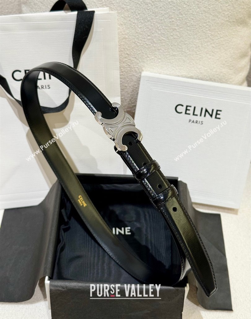 Celine Calfskin Leather Belt 2.5cm with Silver Triomphe Logo Buckle Black 2025 CE011001 (99-240110030)