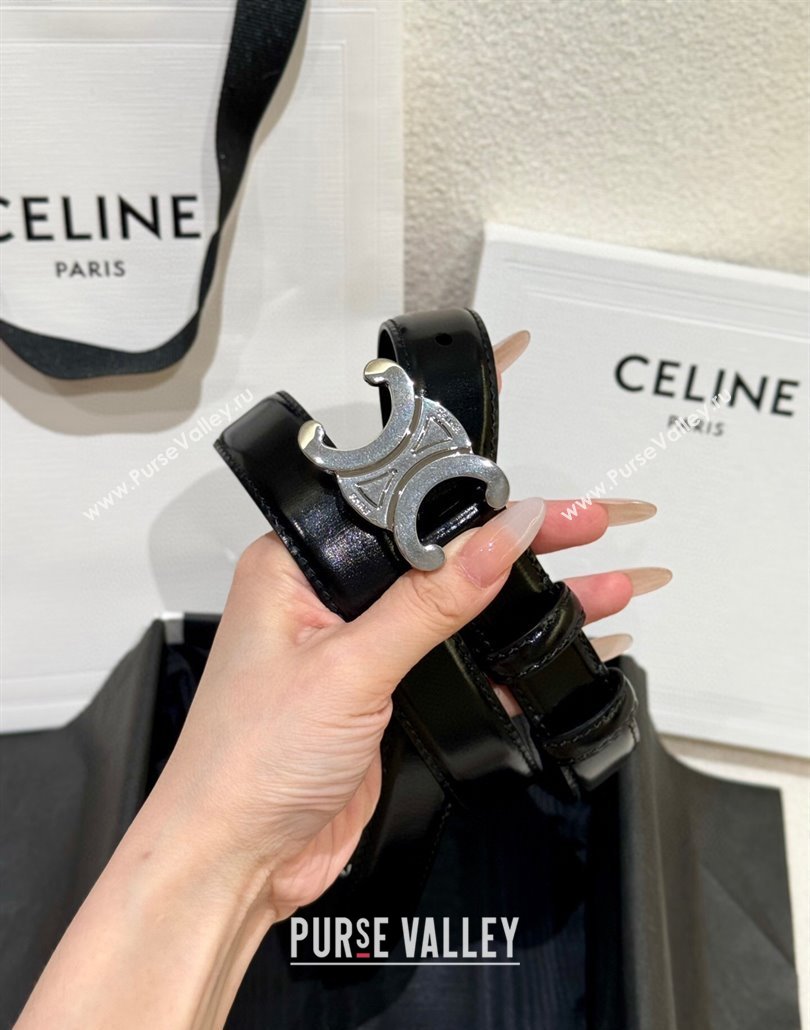 Celine Calfskin Leather Belt 2.5cm with Silver Triomphe Logo Buckle Black 2025 CE011001 (99-240110030)