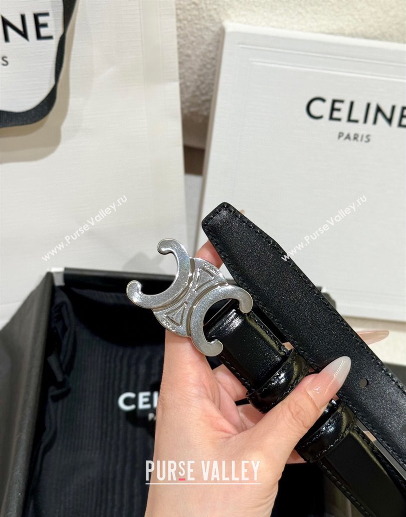 Celine Calfskin Leather Belt 2.5cm with Silver Triomphe Logo Buckle Black 2025 CE011001 (99-240110030)