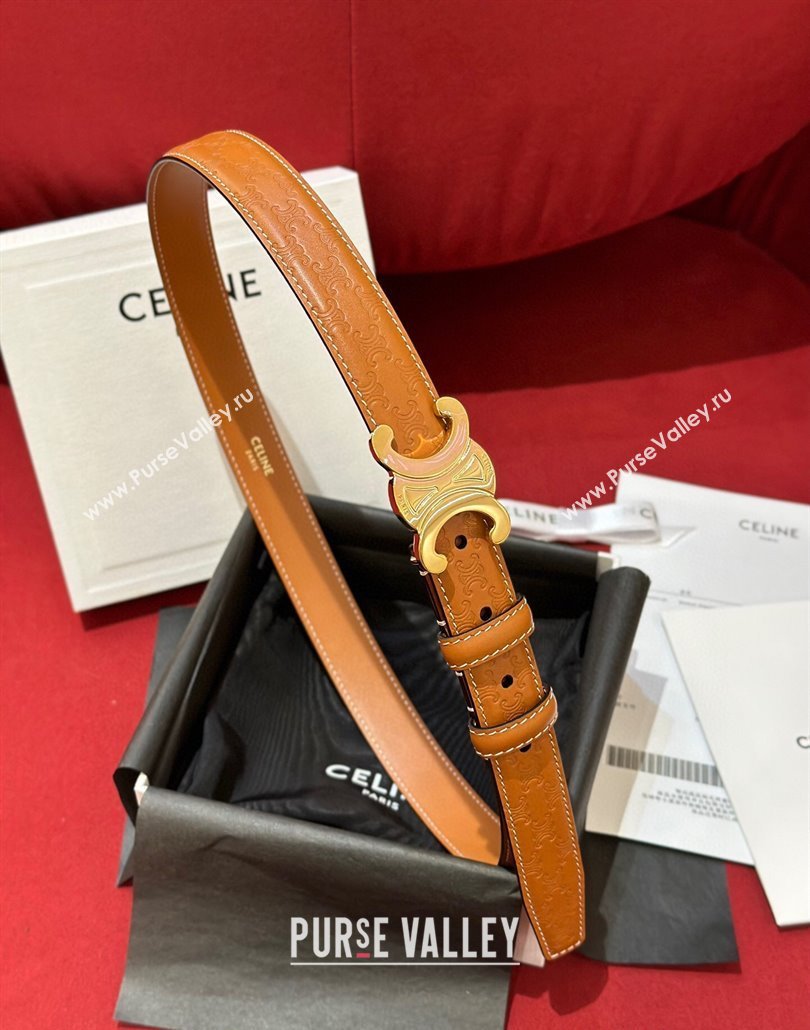 Celine Embossed Leather Belt 2.5cm with Gold Triomphe Logo Buckle Brown 2025 CE011002 (99-240110031)