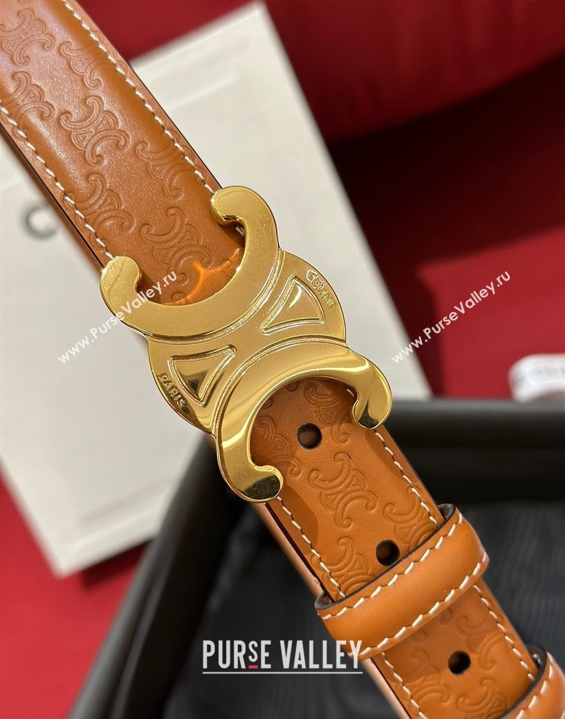 Celine Embossed Leather Belt 2.5cm with Gold Triomphe Logo Buckle Brown 2025 CE011002 (99-240110031)