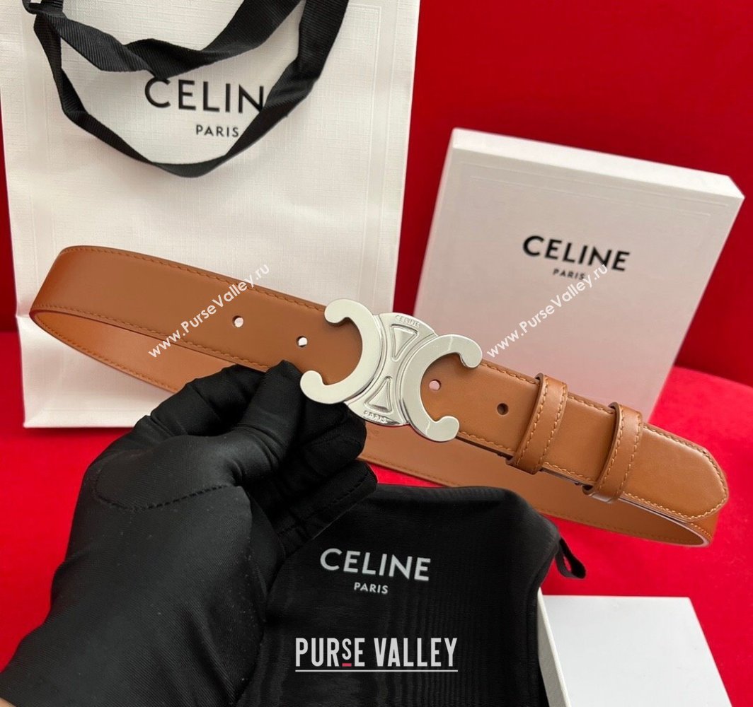 Celine Calfskin Leather Belt 3cm with Triomphe Logo Buckle Brown/Silver 2025 CE011003 (99-240110036)