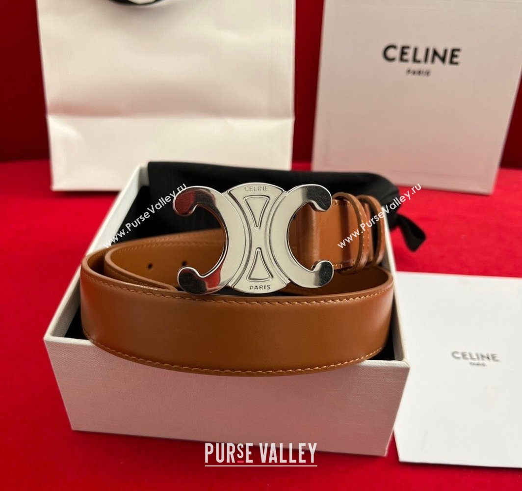 Celine Calfskin Leather Belt 3cm with Triomphe Logo Buckle Brown/Silver 2025 CE011003 (99-240110036)