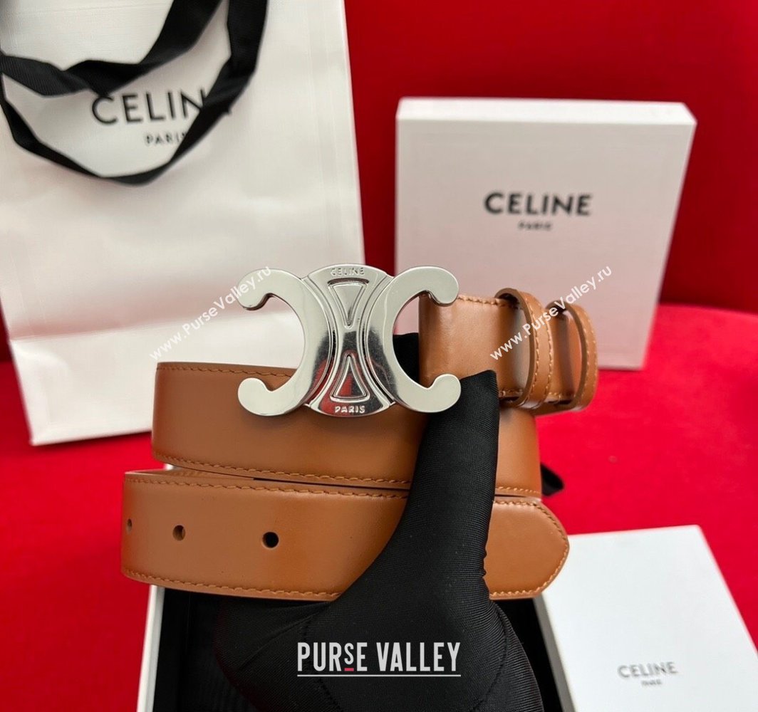 Celine Calfskin Leather Belt 3cm with Triomphe Logo Buckle Brown/Silver 2025 CE011003 (99-240110036)