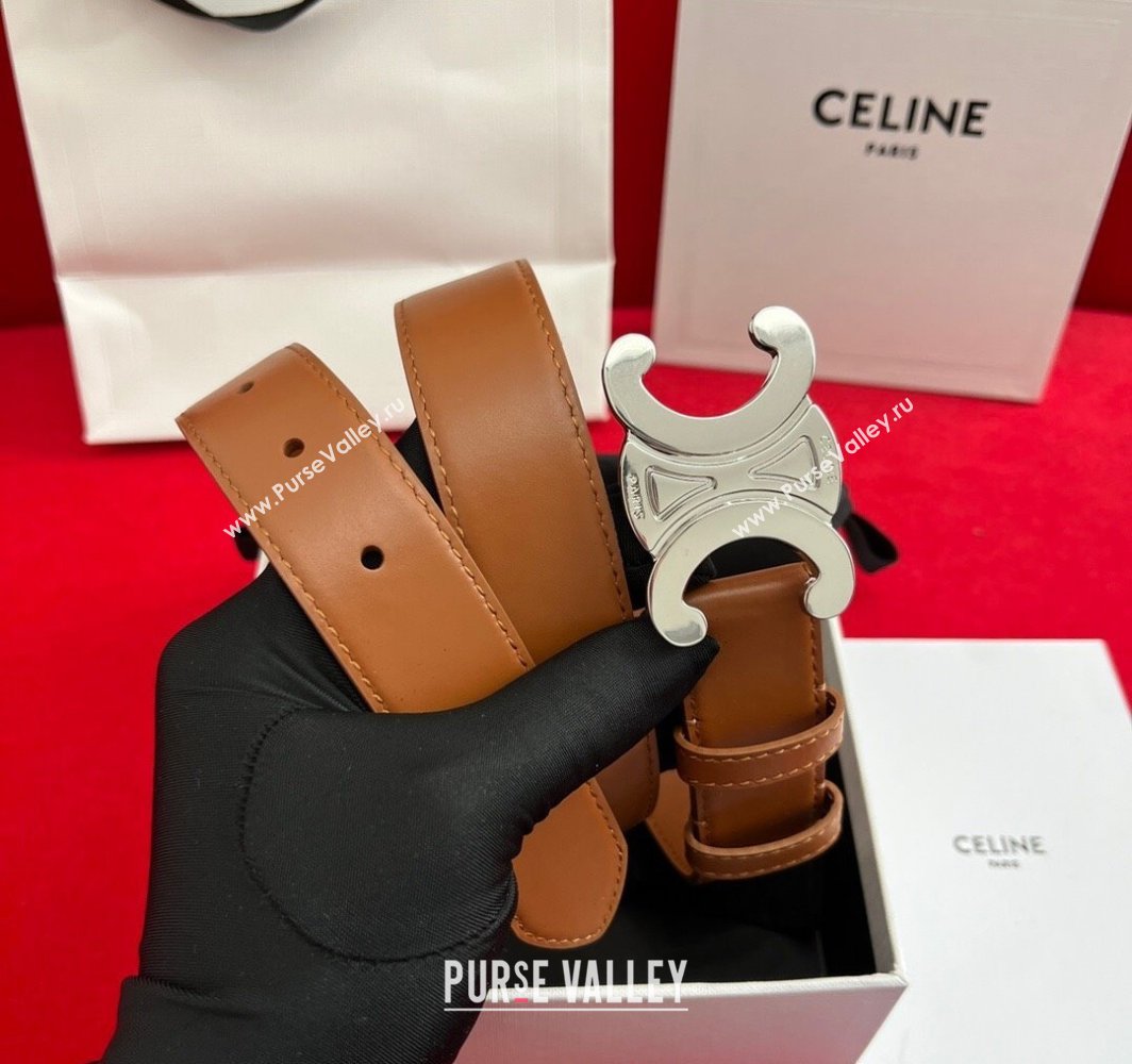 Celine Calfskin Leather Belt 3cm with Triomphe Logo Buckle Brown/Silver 2025 CE011003 (99-240110036)