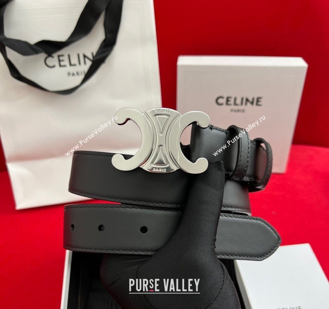 Celine Calfskin Leather Belt 3cm with Triomphe Logo Buckle Black/Silver 2025 CE011003 (99-240110037)