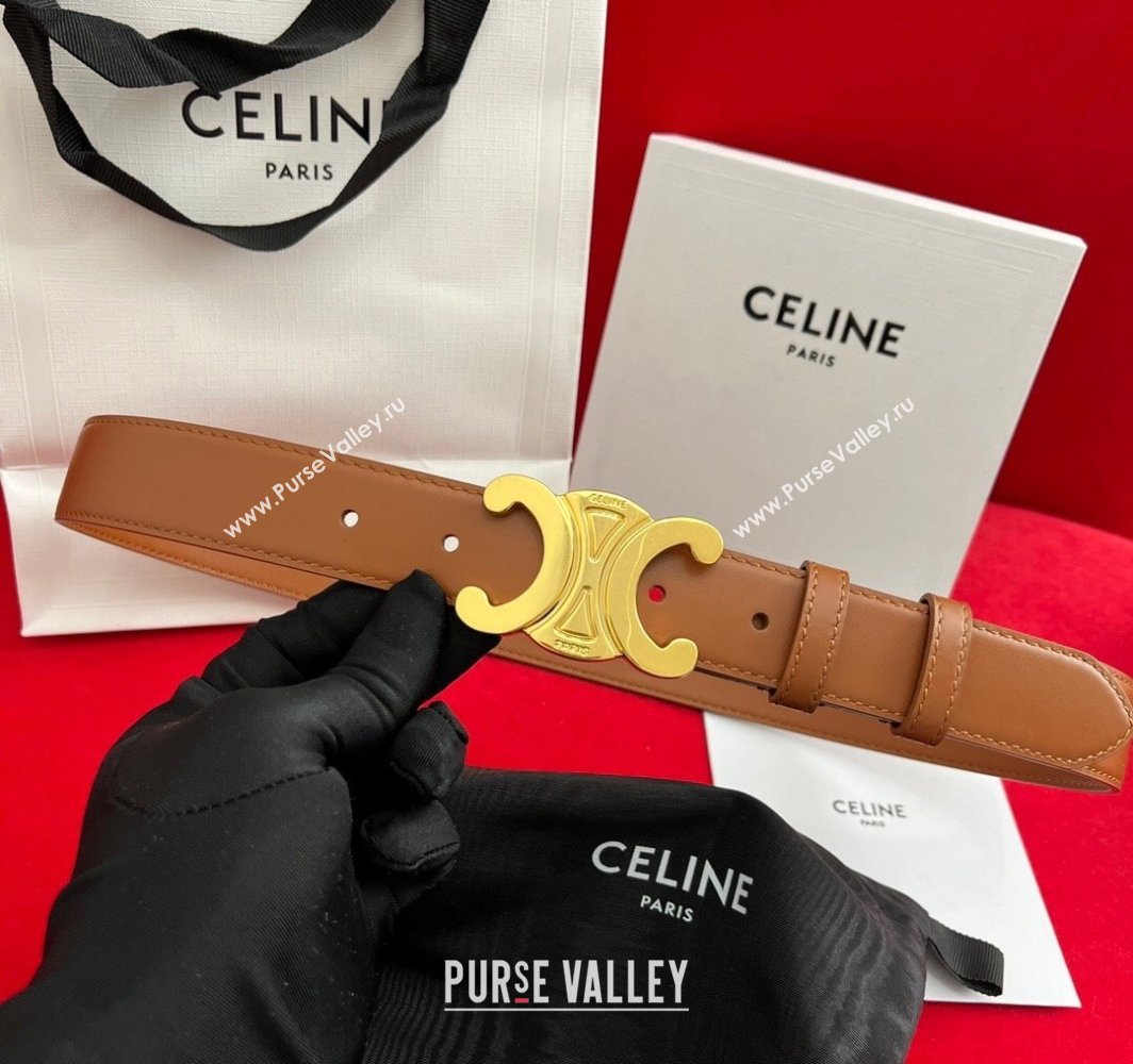 Celine Calfskin Leather Belt 3cm with Triomphe Logo Buckle Brown/Gold 2025 CE011003 (99-240110038)