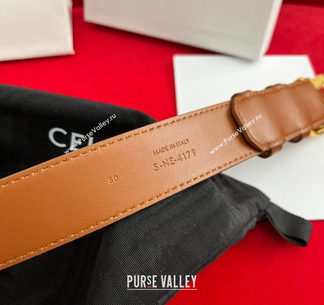 Celine Calfskin Leather Belt 3cm with Triomphe Logo Buckle Brown/Gold 2025 CE011003 (99-240110038)