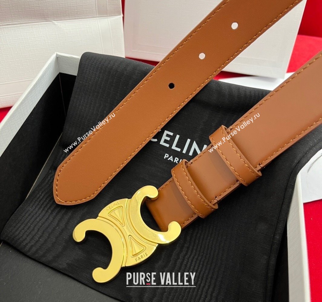 Celine Calfskin Leather Belt 3cm with Triomphe Logo Buckle Brown/Gold 2025 CE011003 (99-240110038)