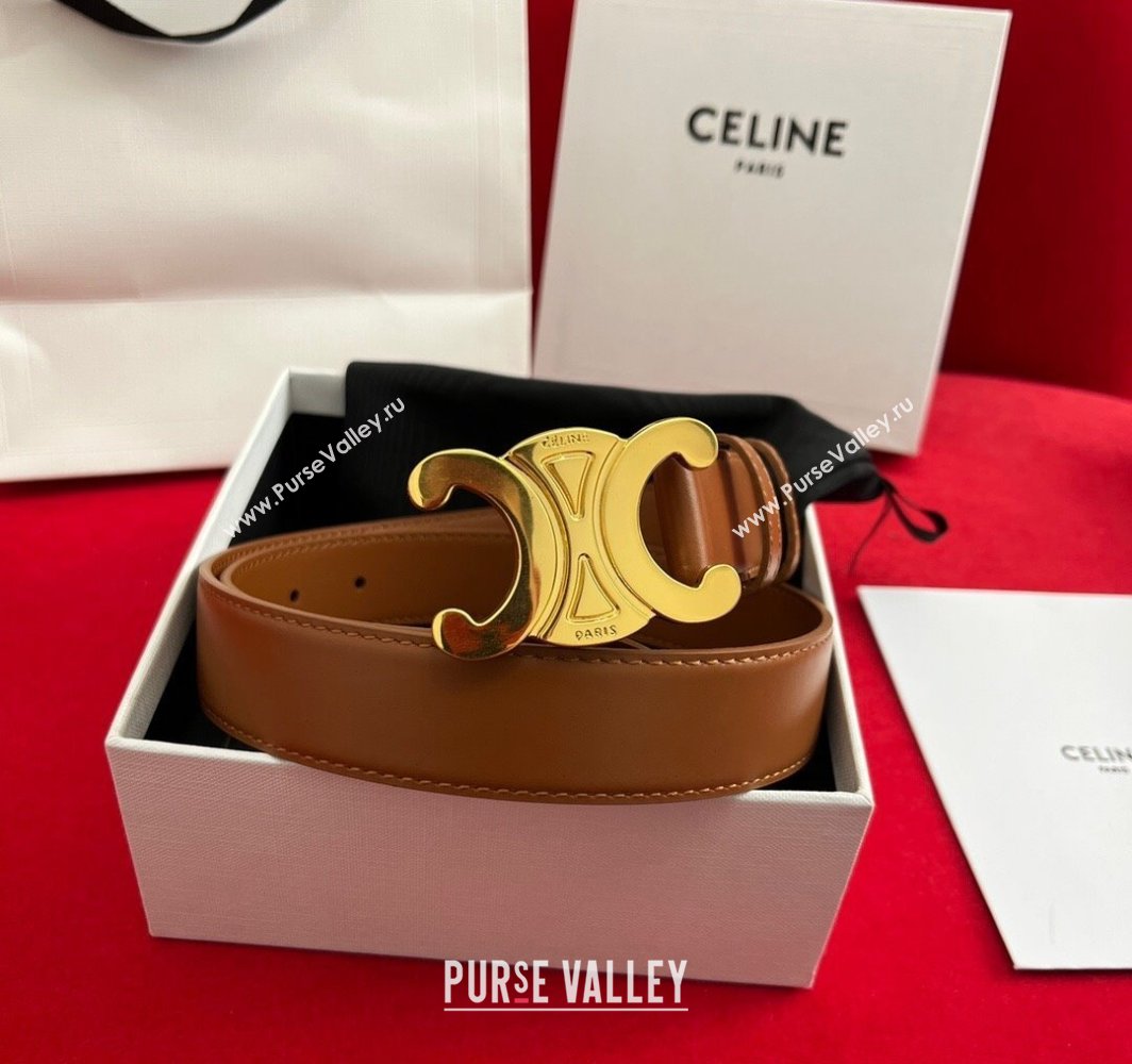 Celine Calfskin Leather Belt 3cm with Triomphe Logo Buckle Brown/Gold 2025 CE011003 (99-240110038)