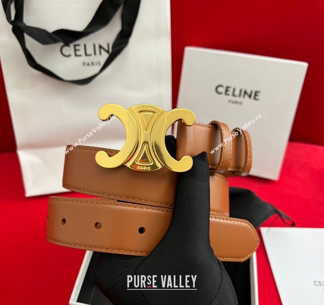 Celine Calfskin Leather Belt 3cm with Triomphe Logo Buckle Brown/Gold 2025 CE011003 (99-240110038)