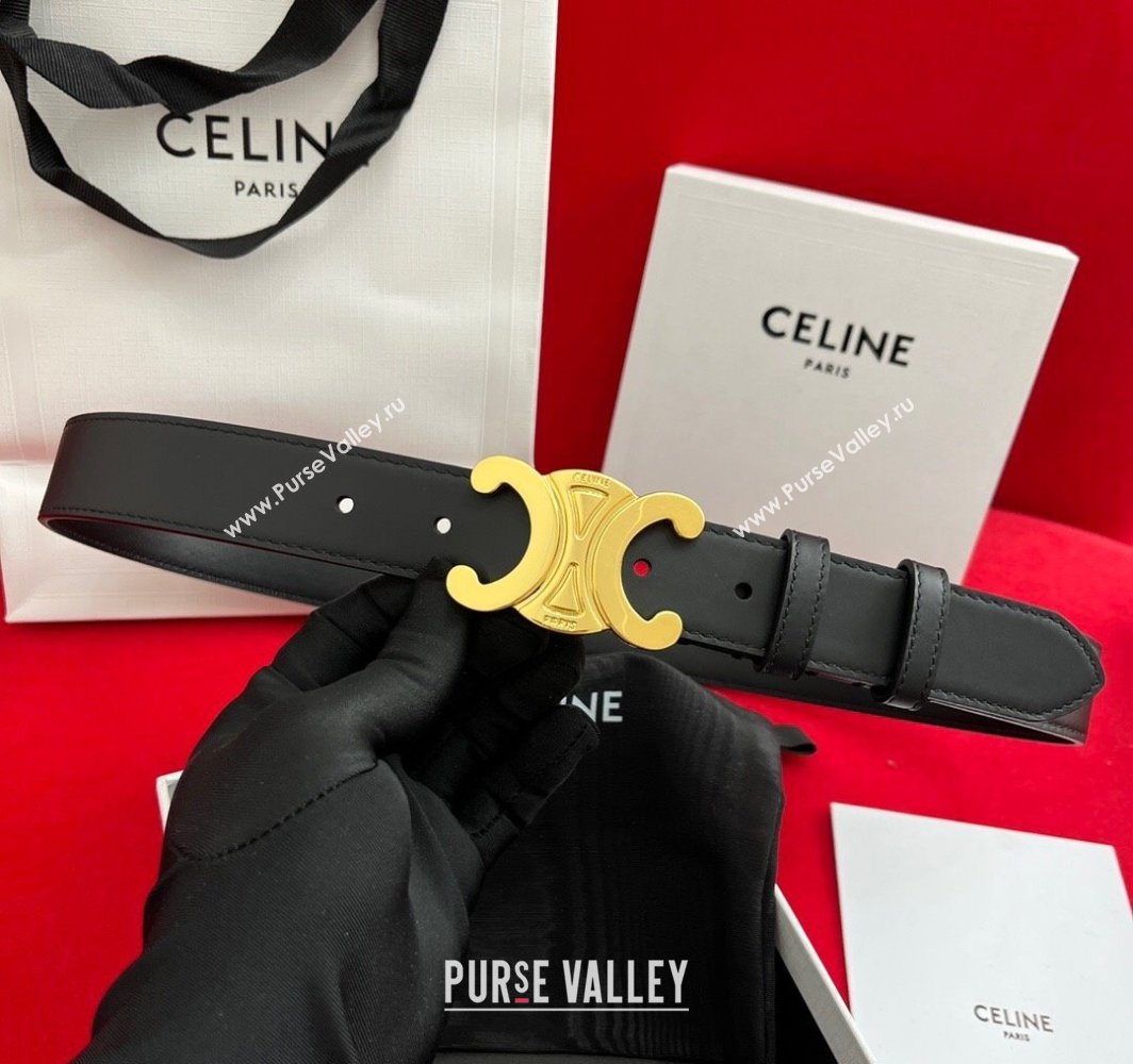 Celine Calfskin Leather Belt 3cm with Triomphe Logo Buckle Black/Gold 2025 CE011003 (99-240110039)