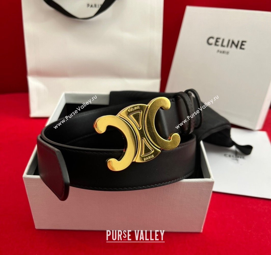 Celine Calfskin Leather Belt 3cm with Triomphe Logo Buckle Black/Gold 2025 CE011003 (99-240110039)