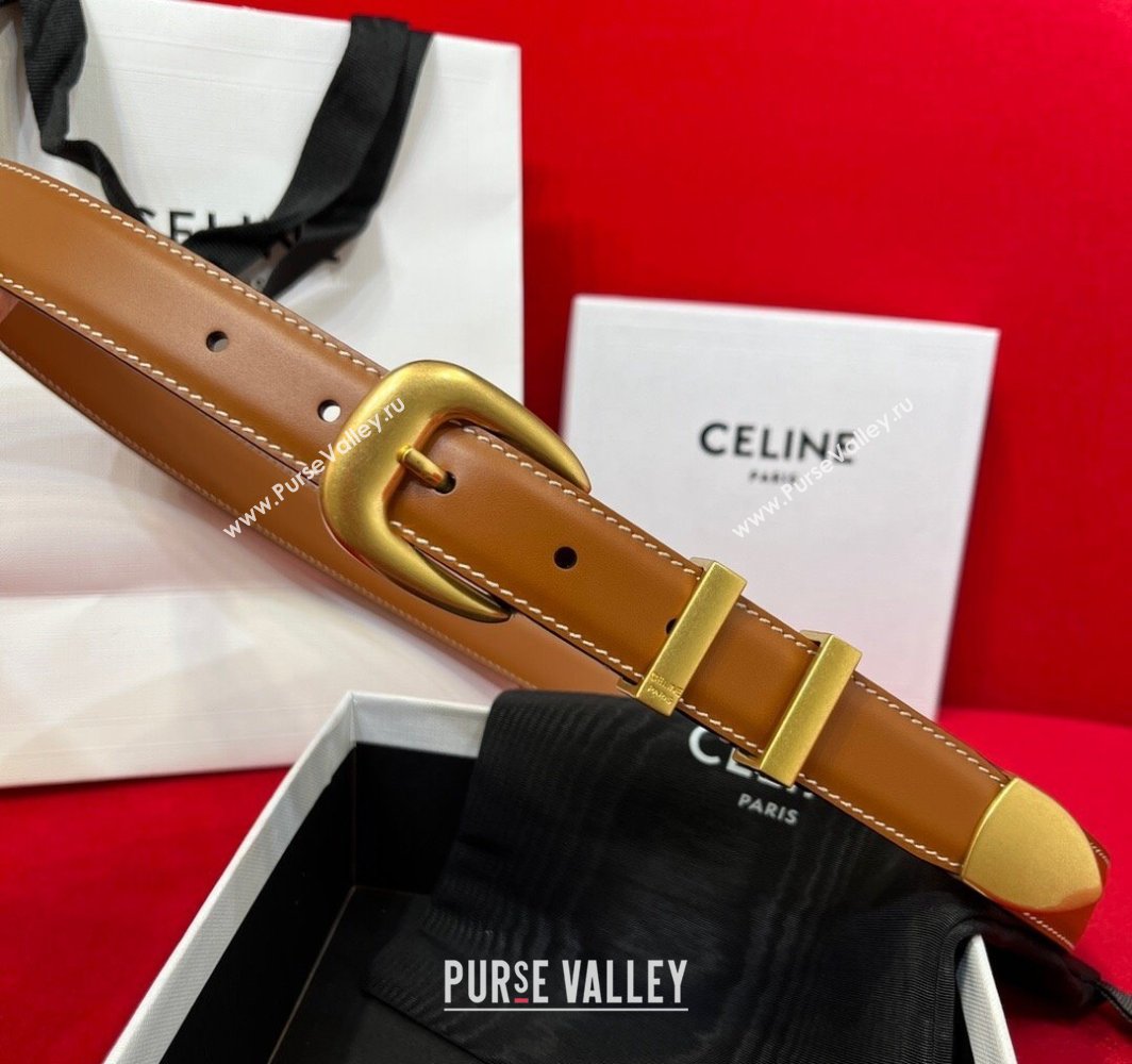 Celine Western Medium Leather Belt 2.5cm with Pin Buckle Brown/Aged Gold 2025 CE011004 (99-240110040)