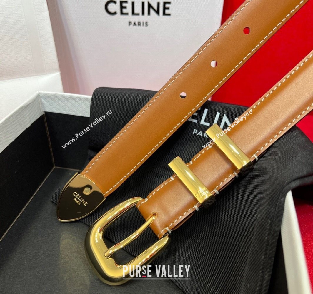 Celine Western Medium Leather Belt 2.5cm with Pin Buckle Brown/Gold-Tone 2025 CE011004 (99-240110042)