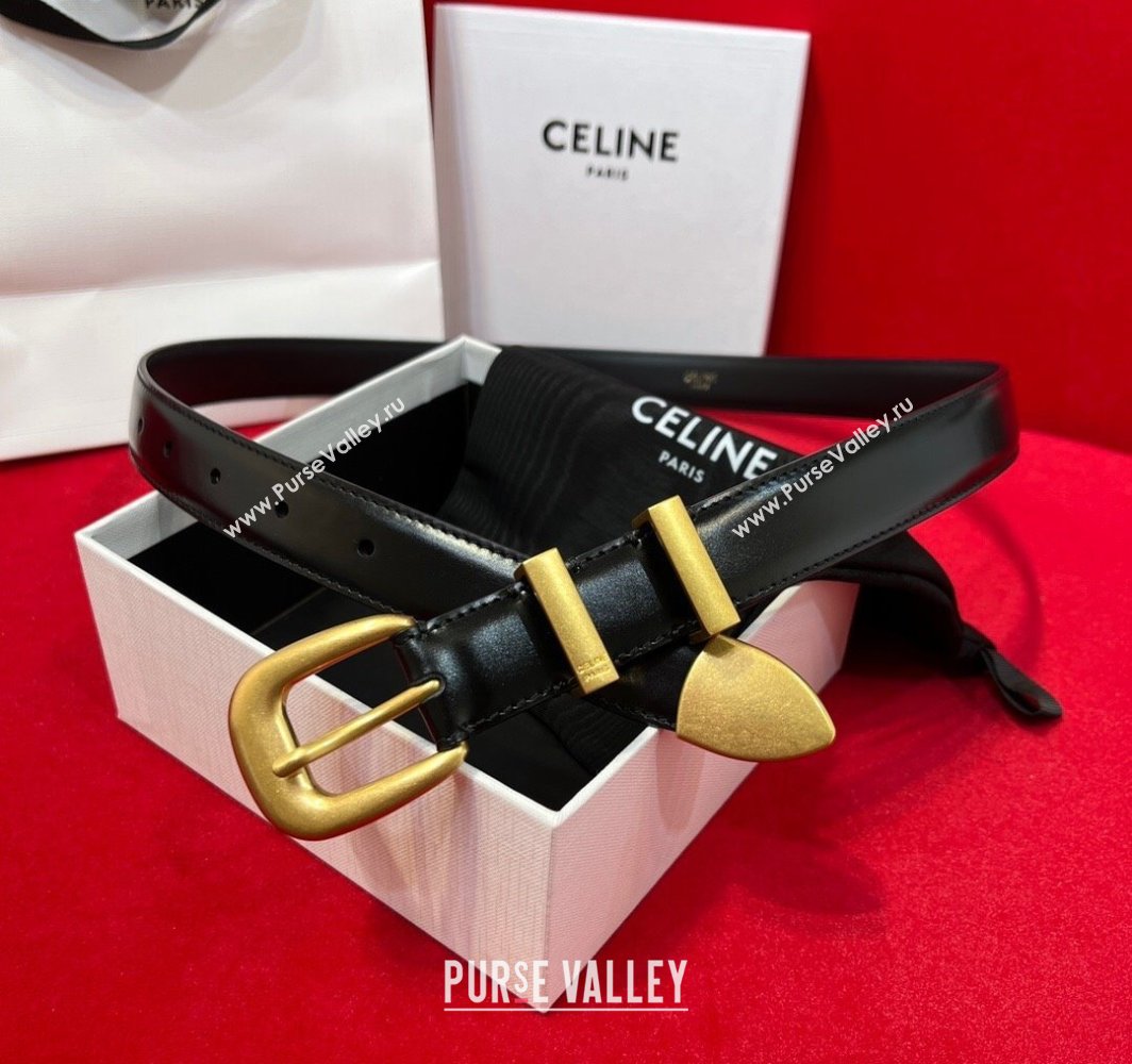 Celine Western Medium Leather Belt 2.5cm with Pin Buckle Black/Aged Gold 2025 CE011004 (99-240110045)