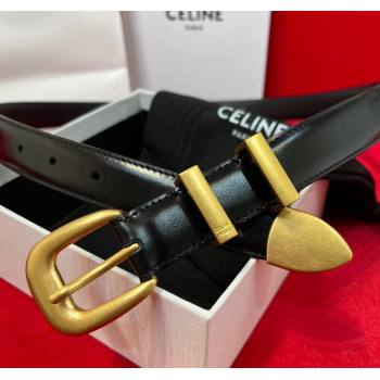 Celine Western Medium Leather Belt 2.5cm with Pin Buckle Black/Aged Gold 2025 CE011004 (99-240110045)