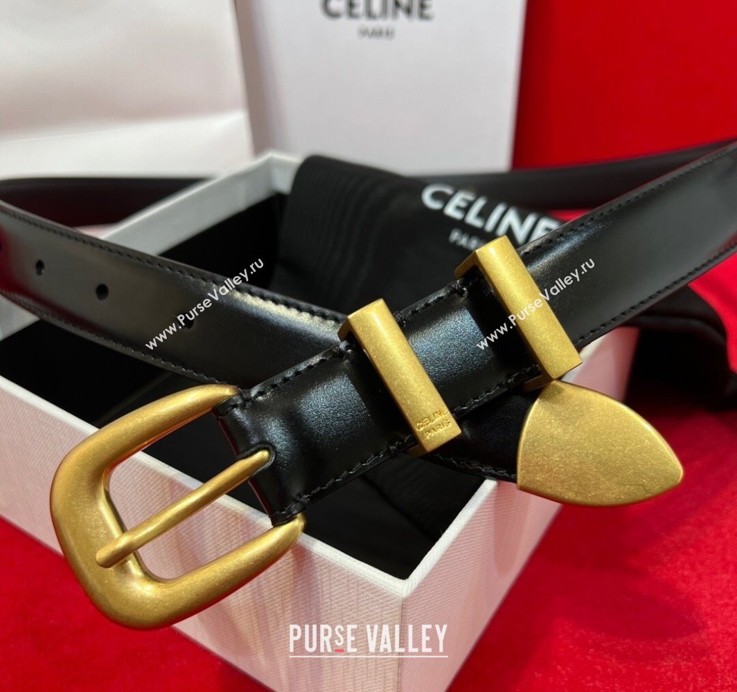 Celine Western Medium Leather Belt 2.5cm with Pin Buckle Black/Aged Gold 2025 CE011004 (99-240110045)