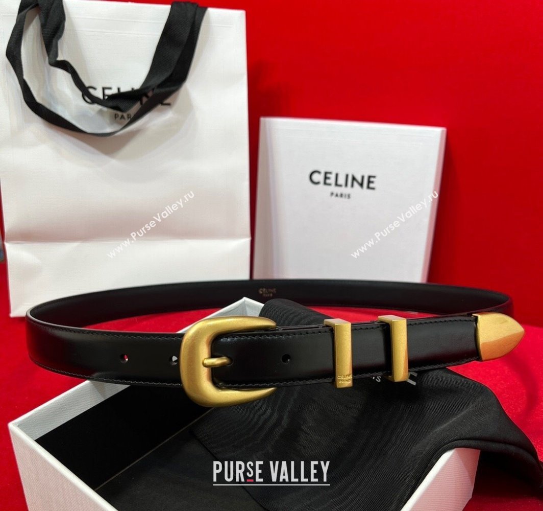 Celine Western Medium Leather Belt 2.5cm with Pin Buckle Black/Aged Gold 2025 CE011004 (99-240110045)