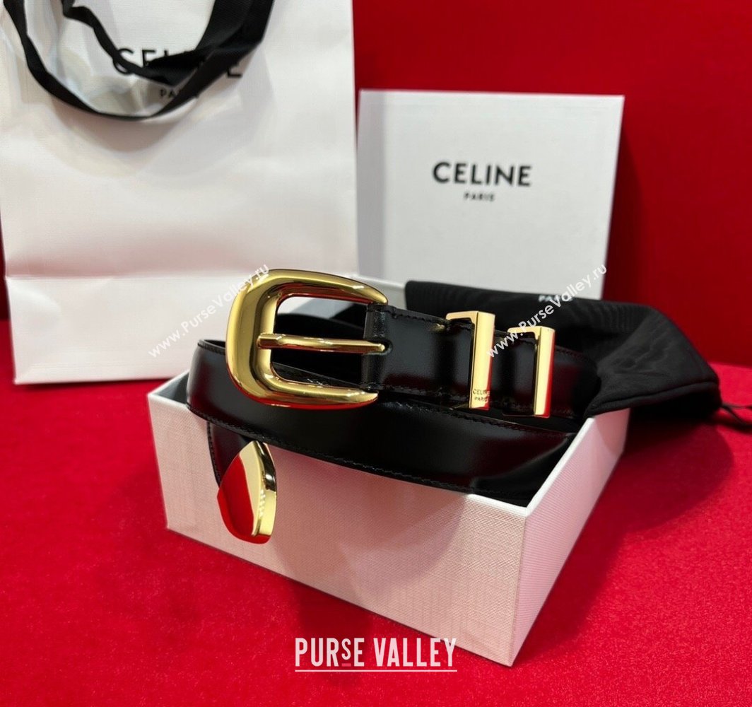 Celine Western Medium Leather Belt 2.5cm with Pin Buckle Black/Gold-Tone 2025 CE011004 (99-240110046)