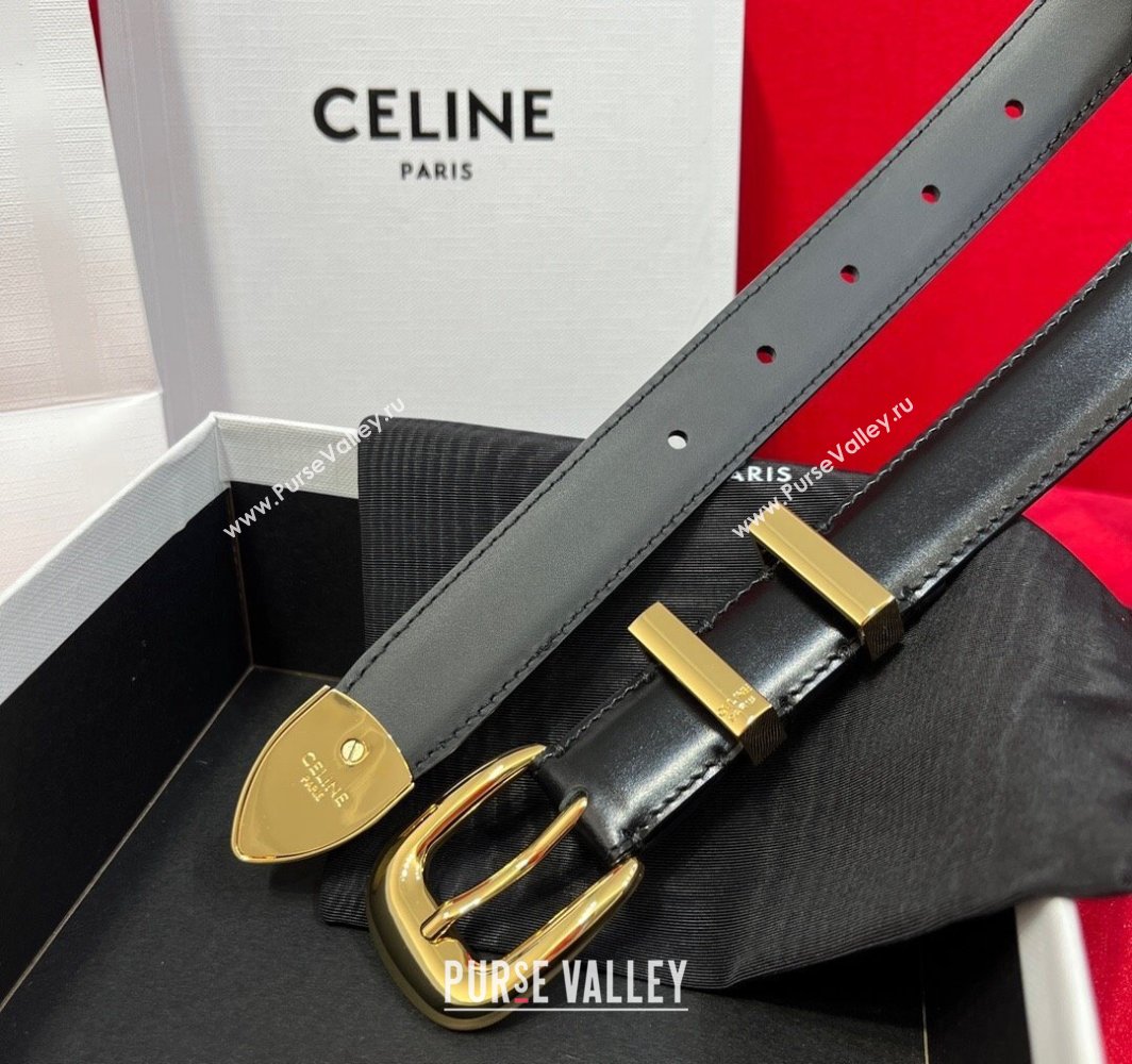 Celine Western Medium Leather Belt 2.5cm with Pin Buckle Black/Gold-Tone 2025 CE011004 (99-240110046)