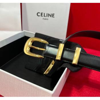 Celine Western Medium Leather Belt 2.5cm with Pin Buckle Black/Gold-Tone 2025 CE011004 (99-240110046)