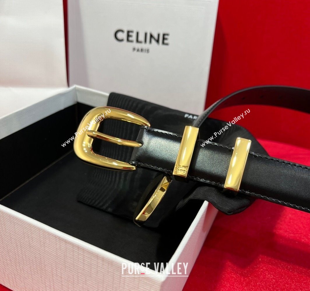 Celine Western Medium Leather Belt 2.5cm with Pin Buckle Black/Gold-Tone 2025 CE011004 (99-240110046)