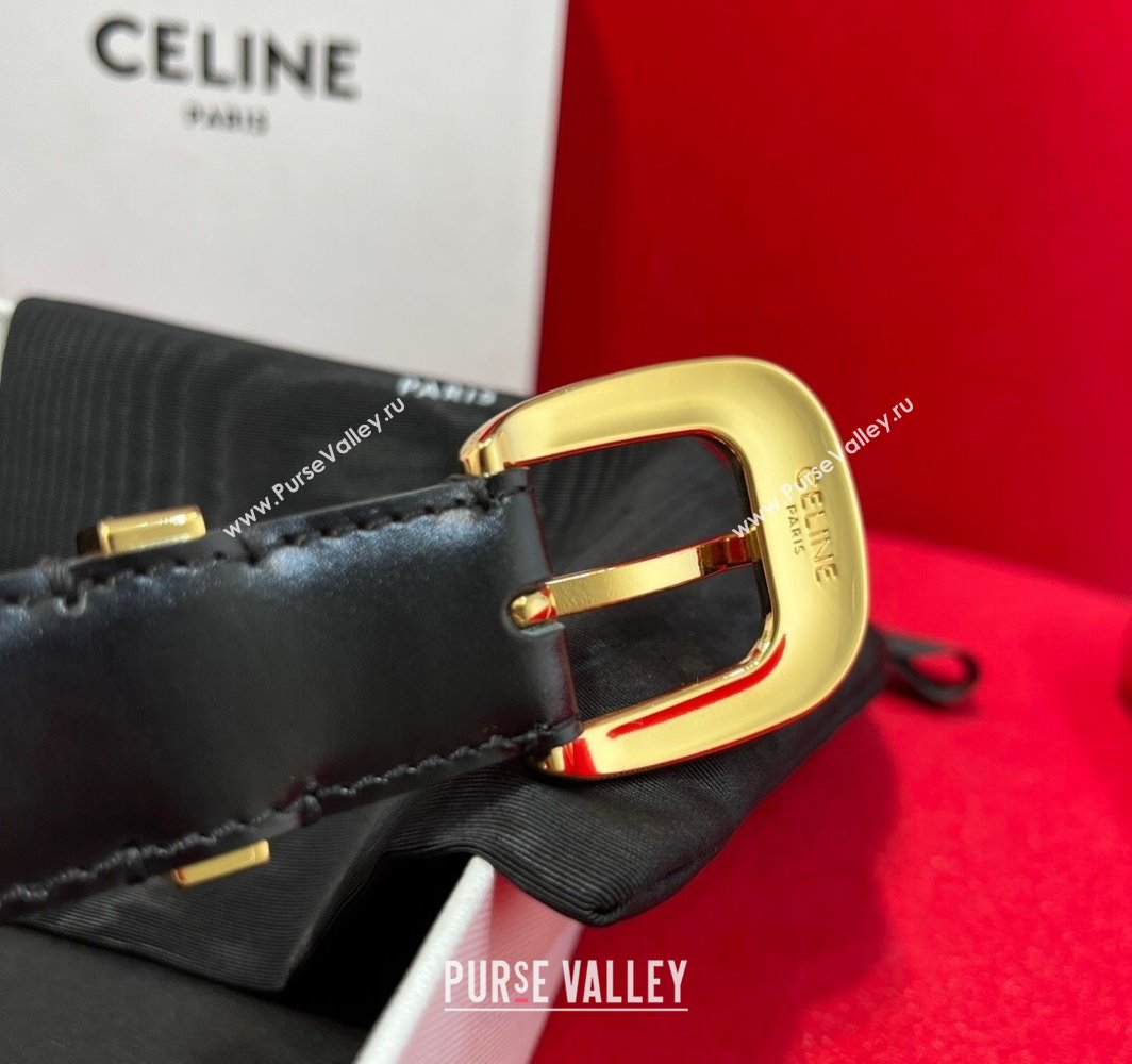 Celine Western Medium Leather Belt 2.5cm with Pin Buckle Black/Gold-Tone 2025 CE011004 (99-240110046)