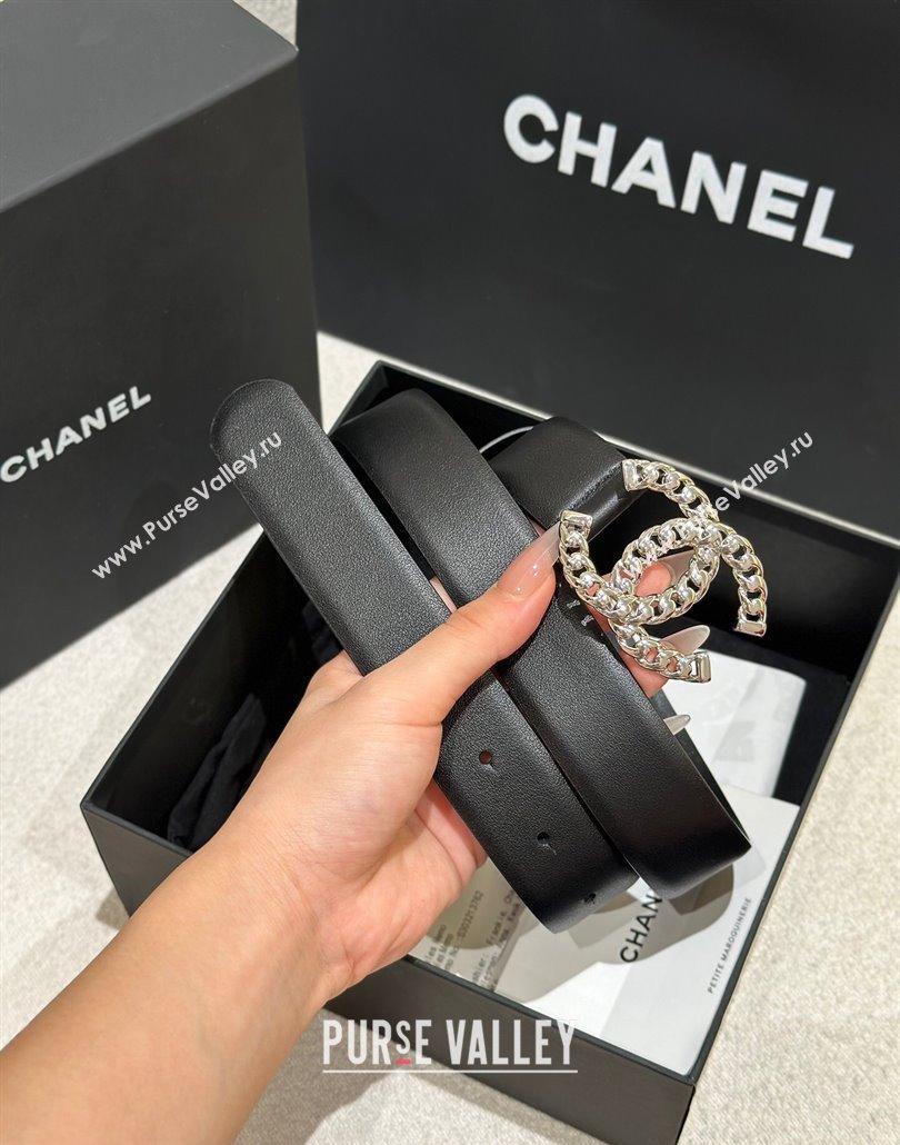 Chanel Calfskin Leather Belt 3cm with Chain CC Buckle Black/Silver 2025 CH010905 (99-250109094)