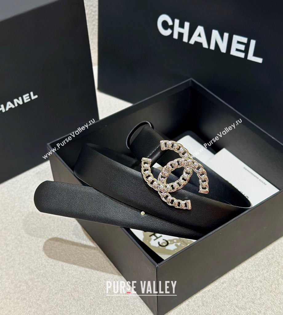 Chanel Calfskin Leather Belt 3cm with Chain CC Buckle Black/Silver 2025 CH010905 (99-250109094)