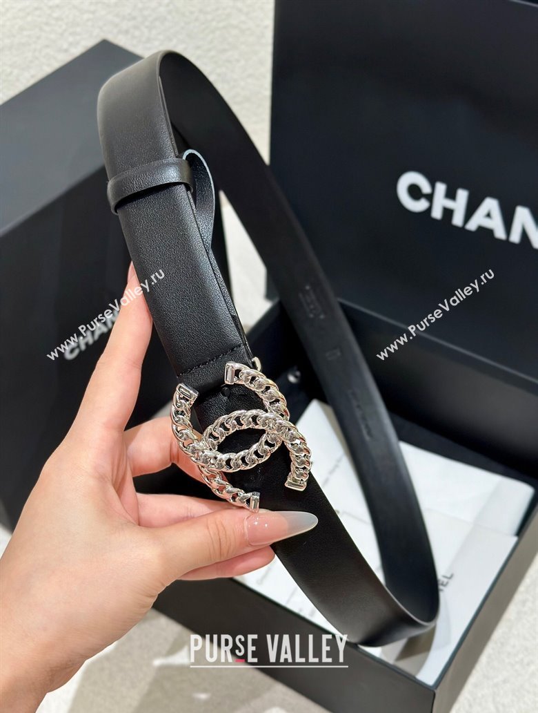 Chanel Calfskin Leather Belt 3cm with Chain CC Buckle Black/Silver 2025 CH010905 (99-250109094)