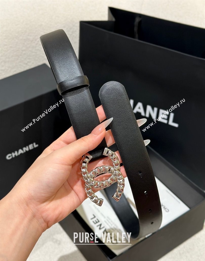 Chanel Calfskin Leather Belt 3cm with Chain CC Buckle Black/Silver 2025 CH010905 (99-250109094)