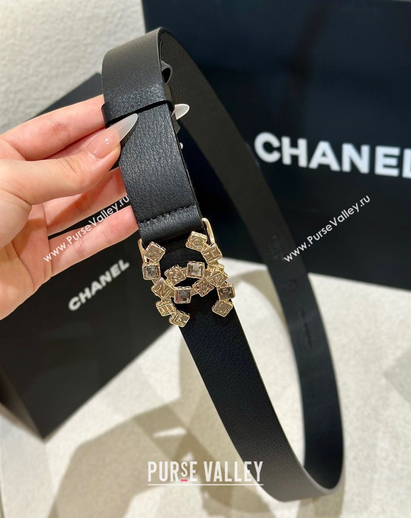 Chanel Calfskin Leather Belt 3cm with Strass CC Buckle Black 2025 CH010905 (99-250109095)